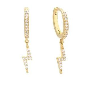 Fun Edgy Chic Pave Lightening Bolt Cubic Zirconia Dangle Huggies earrings Gold